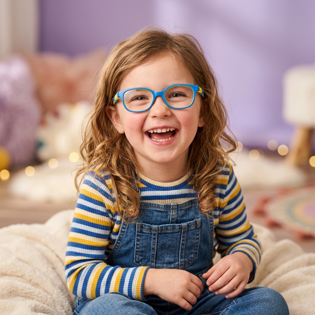 Criança sorridente usando óculos de grau infantil colorido